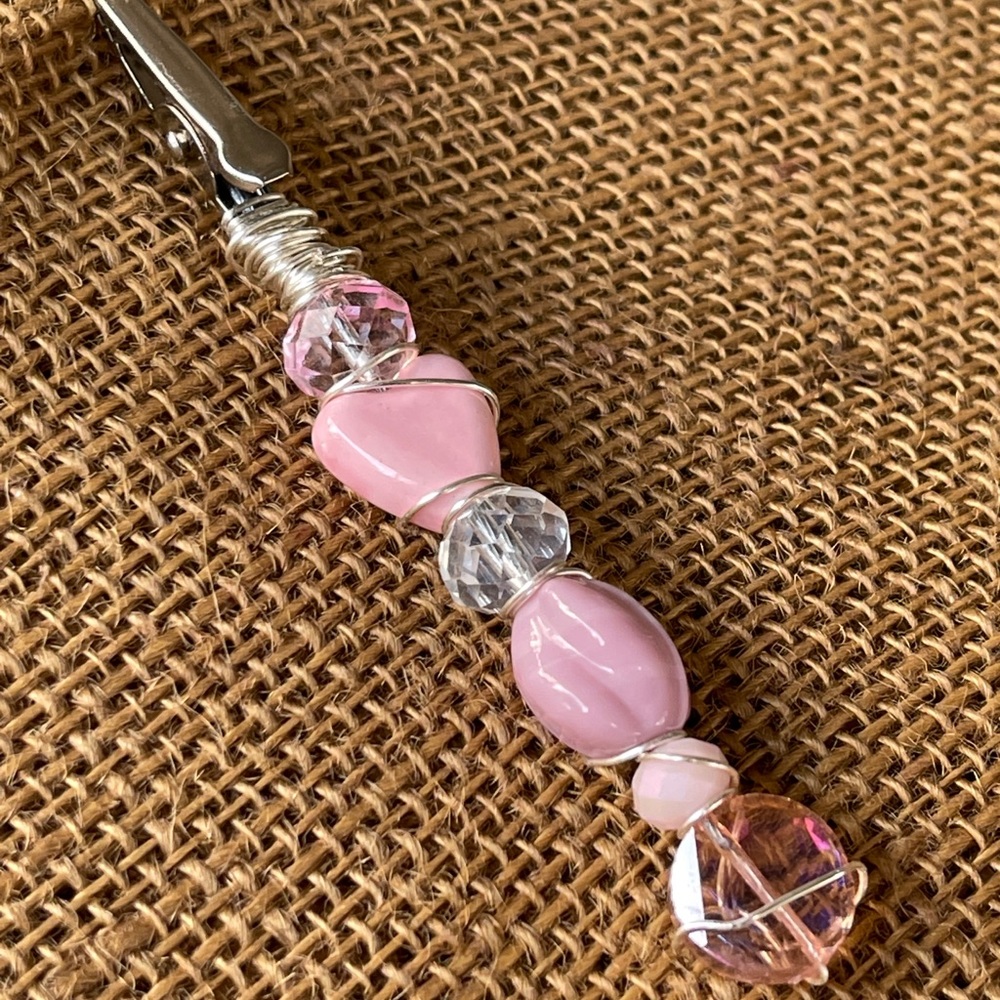 Pink Heart and Crystal shaped Beads Roach Clip. ATM Helper/Jewelry Assist